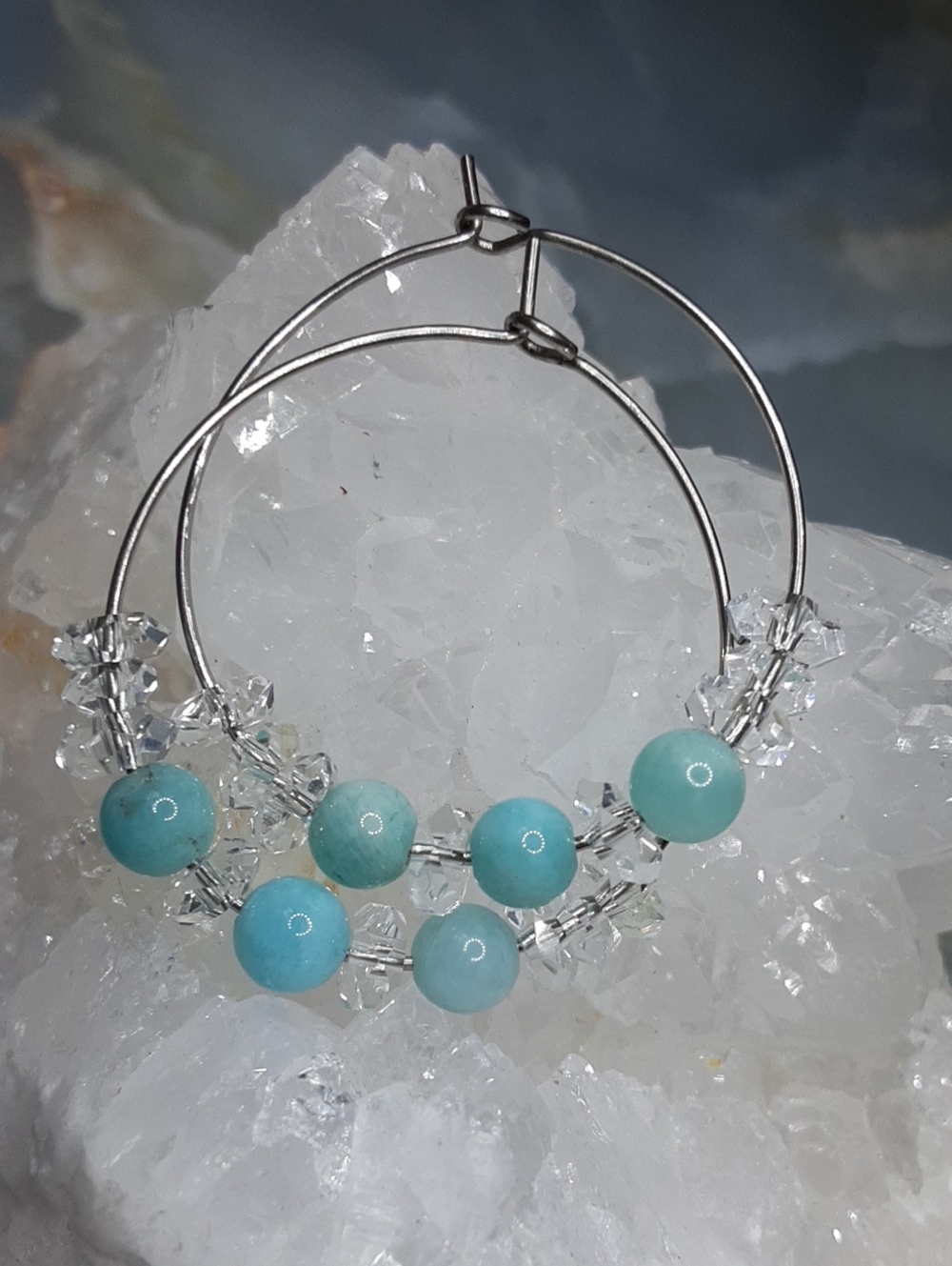Stainless Steel Herkimer Diamond Quartz, Amazonite Hoops, PRICE IS FIRM.